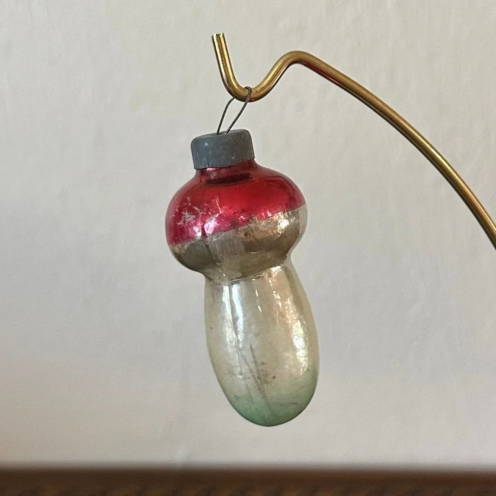 Vintage Mercury Glass Mushroom Christmas‎ Ornament Red Silver Green 3''
